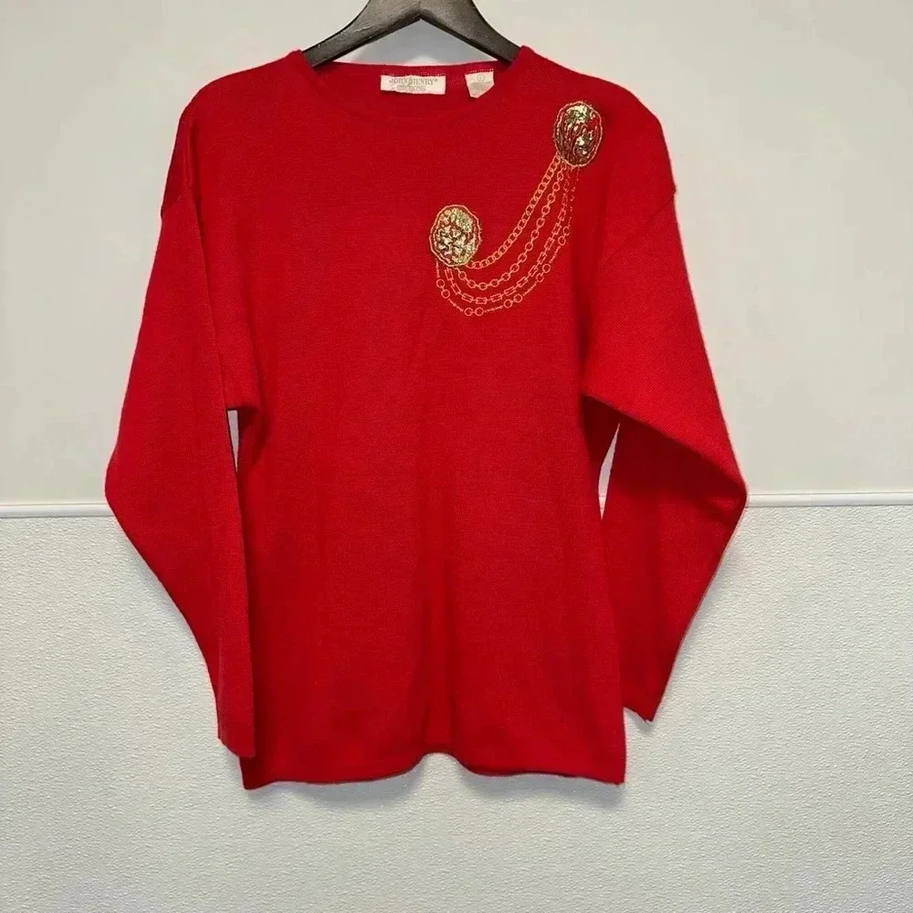 VINTAGE Women's John Henry Editions Sweater L, Red & Gold, Embroidery - Picture 7 of 16
